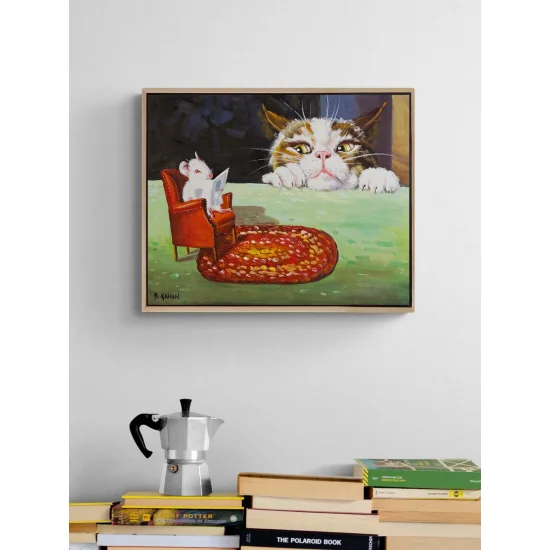 Okuyan Fare Bakan Kedi Yağlı Boya Tablosu