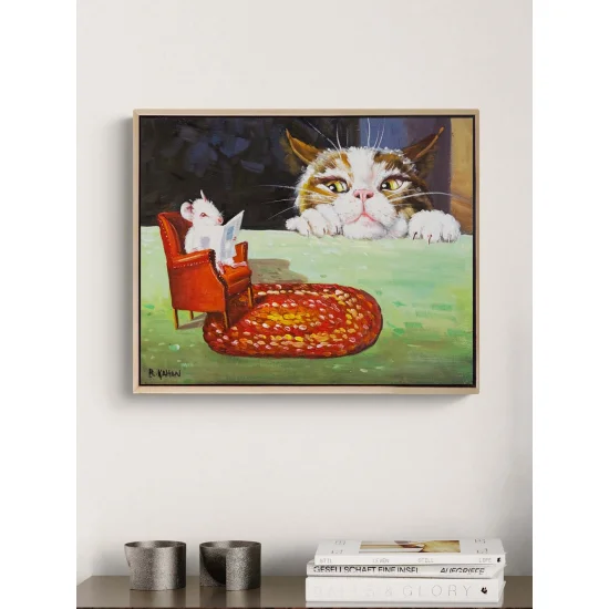 Okuyan Fare Bakan Kedi Yağlı Boya Tablosu