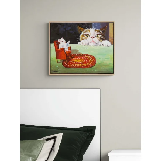 Okuyan Fare Bakan Kedi Yağlı Boya Tablosu