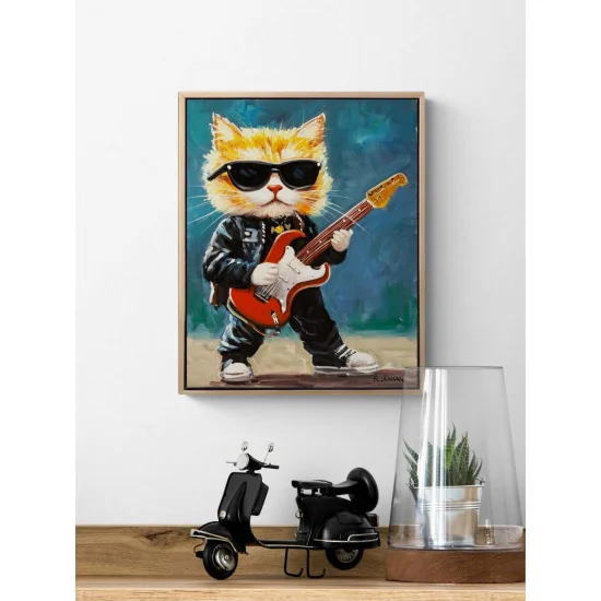 Gitarist Kedi Yağlı Boya Tablosu
