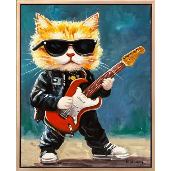 Gitarist Kedi Yağlı Boya Tablosu
