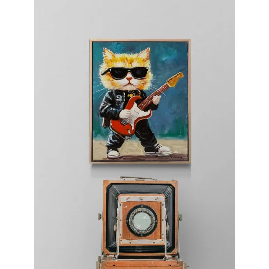 Gitarist Kedi Yağlı Boya Tablosu