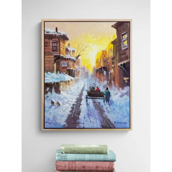 Şehirde Kar Manzarası Yağlı Boya Tablosu