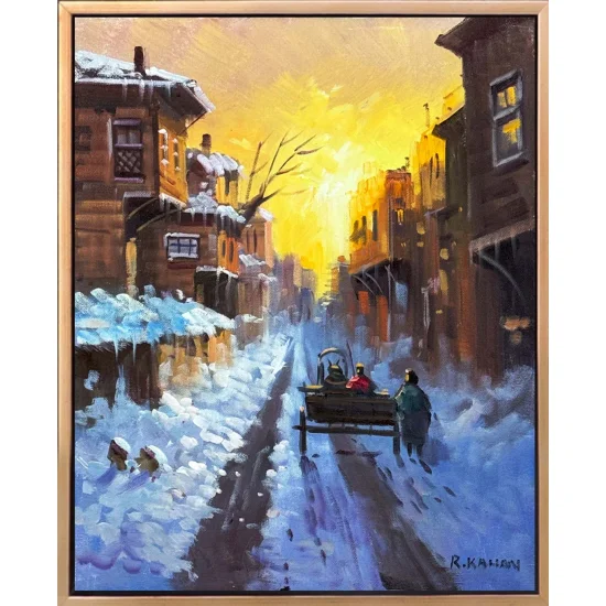 Şehirde Kar Manzarası Yağlı Boya Tablosu