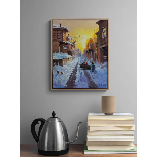 Şehirde Kar Manzarası Yağlı Boya Tablosu
