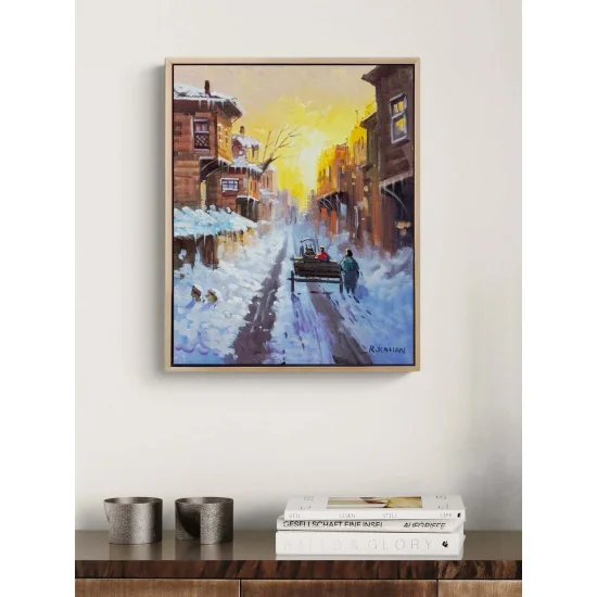 Şehirde Kar Manzarası Yağlı Boya Tablosu