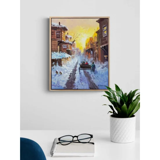 Şehirde Kar Manzarası Yağlı Boya Tablosu