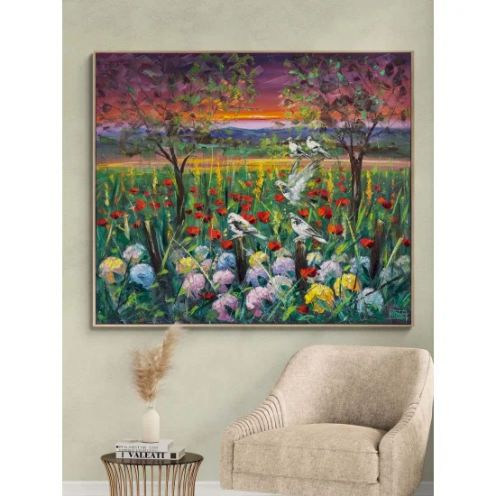 Kır Çiçekleri ve Kuşlar Yağlı Boya Tablosu