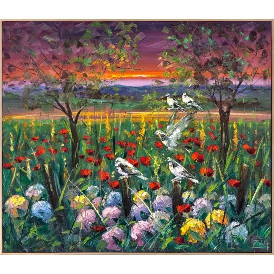 Kır Çiçekleri ve Kuşlar Yağlı Boya Tablosu