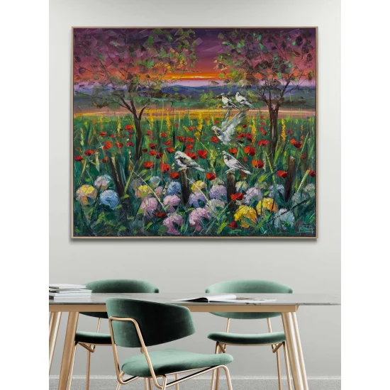 Kır Çiçekleri ve Kuşlar Yağlı Boya Tablosu