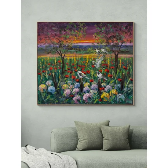 Kır Çiçekleri ve Kuşlar Yağlı Boya Tablosu