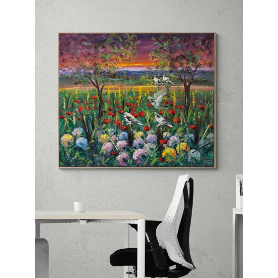 Kır Çiçekleri ve Kuşlar Yağlı Boya Tablosu
