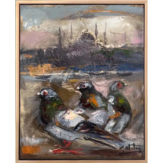 Güvercinlerin Boğazda Şarkısı Yağlı Boya Tablosu