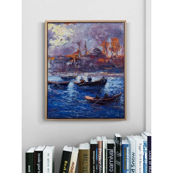 Maviyle Dokunmuş Şehir Yağlı Boya Tablosu