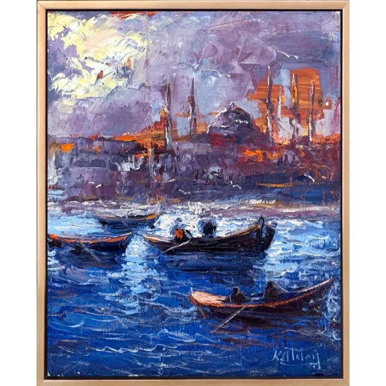 Maviyle Dokunmuş Şehir Yağlı Boya Tablosu