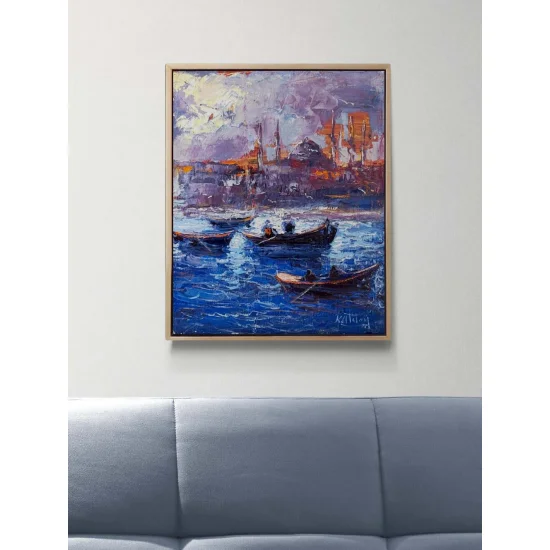 Maviyle Dokunmuş Şehir Yağlı Boya Tablosu