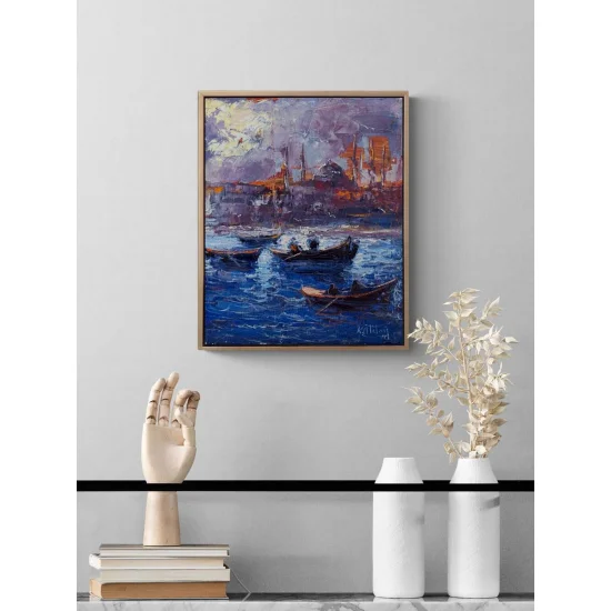 Maviyle Dokunmuş Şehir Yağlı Boya Tablosu