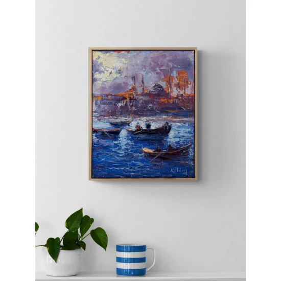 Maviyle Dokunmuş Şehir Yağlı Boya Tablosu