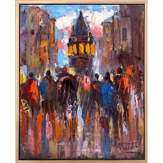 Galata’da Kalabalığı Yağlı Boya Tablosu