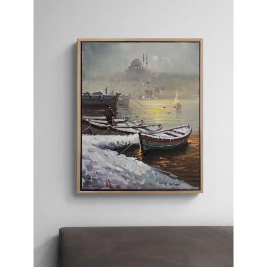 Kar Manzarasında Boğaz Yağlı Boya Tablosu