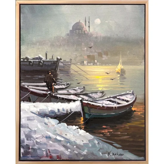 Kar Manzarasında Boğaz Yağlı Boya Tablosu