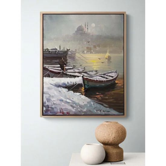 Kar Manzarasında Boğaz Yağlı Boya Tablosu