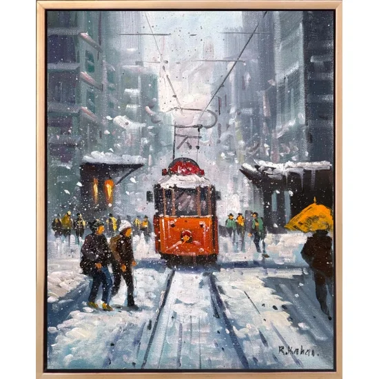 İstiklal Caddesinde Kış Yağlı Boya Tablosu