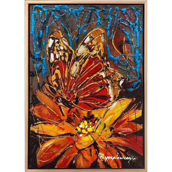 Çiçek Kalbinde Kelebek Yağlı Boya Tablosu