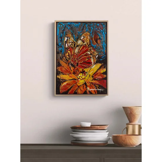 Çiçek Kalbinde Kelebek Yağlı Boya Tablosu