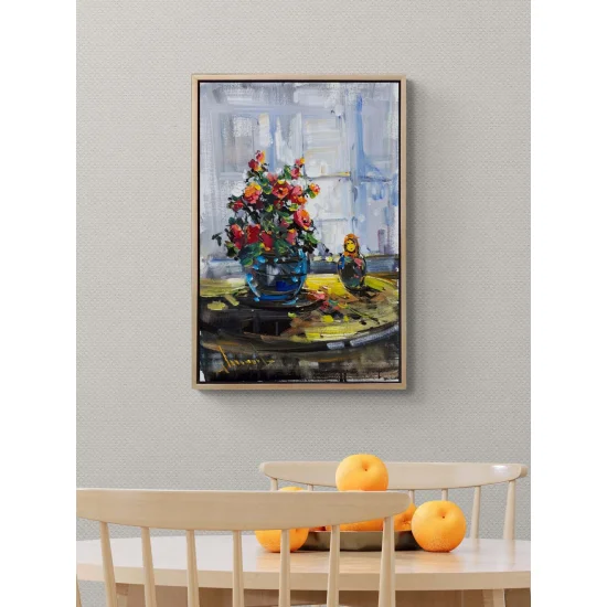 Cam Kenarında Çiçekler Yağlı Boya Tablosu