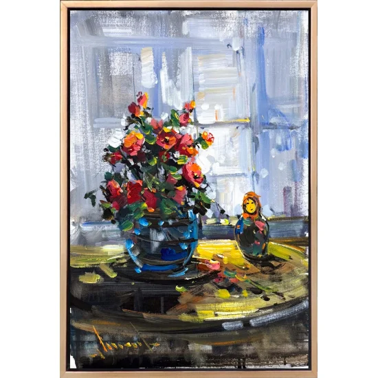 Cam Kenarında Çiçekler Yağlı Boya Tablosu