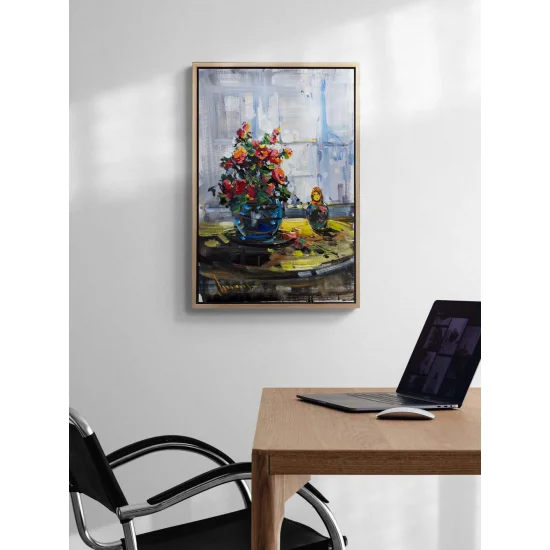 Cam Kenarında Çiçekler Yağlı Boya Tablosu