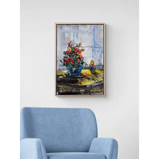 Cam Kenarında Çiçekler Yağlı Boya Tablosu