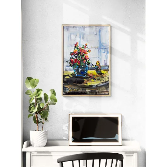 Cam Kenarında Çiçekler Yağlı Boya Tablosu