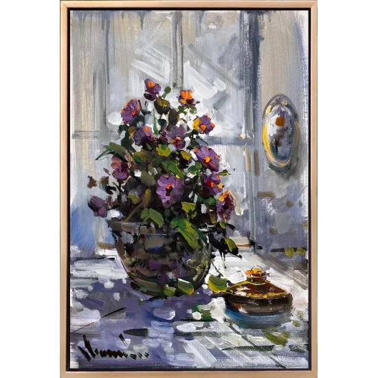 Bir Vazoda Çiçekler Yağlı Boya Tablosu