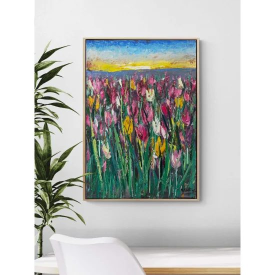 Lale Bahçesinde Sabah Yağlı Boya Tablosu