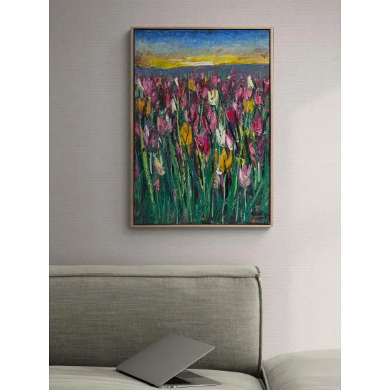 Lale Bahçesinde Sabah Yağlı Boya Tablosu