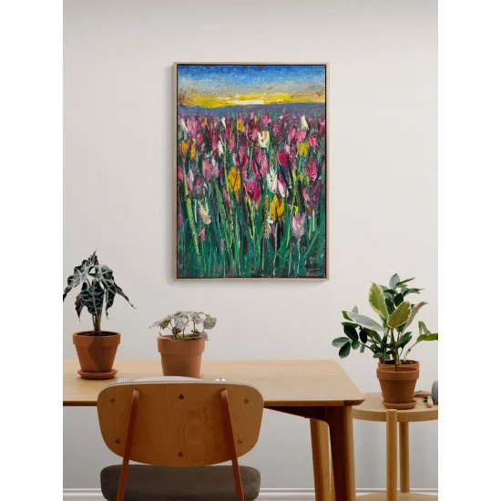 Lale Bahçesinde Sabah Yağlı Boya Tablosu