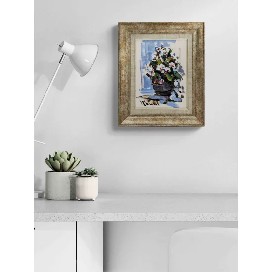 Beyaz Çiçekli Vazo Yağlı Boya Tablosu