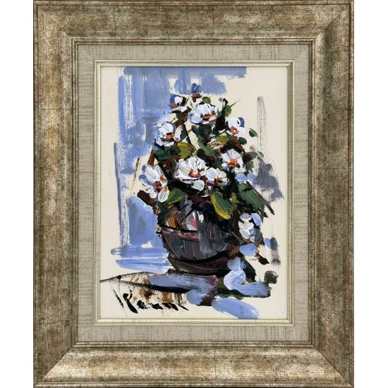 Beyaz Çiçekli Vazo Yağlı Boya Tablosu