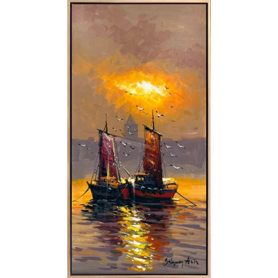 Boats on the Crimson Horizon Oil Painting