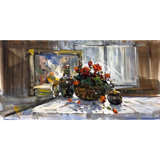 Pencere Önünde Güller Yağlı Boya Tablosu