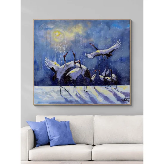Cranes in a Winter Landscape Oil Painting