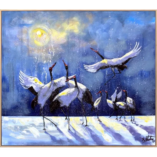 Cranes in a Winter Landscape Oil Painting