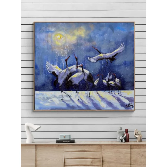 Cranes in a Winter Landscape Oil Painting