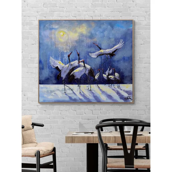 Cranes in a Winter Landscape Oil Painting