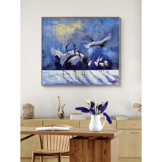 Cranes in a Winter Landscape Oil Painting