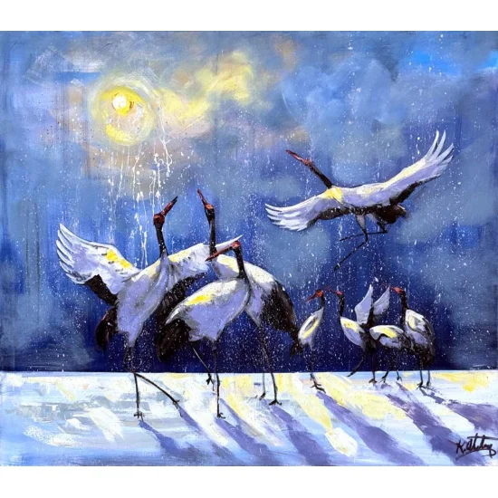 Cranes in a Winter Landscape Oil Painting