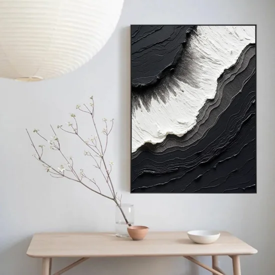 Siyah Beyaz Dalgalar Siparişe Özel Soyut Yağlı Boya Tablo