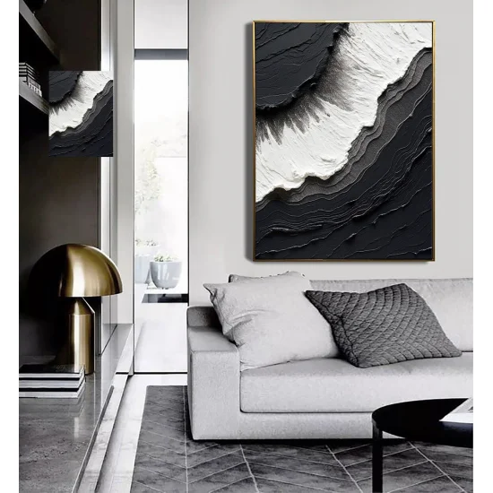 Siyah Beyaz Dalgalar Siparişe Özel Soyut Yağlı Boya Tablo